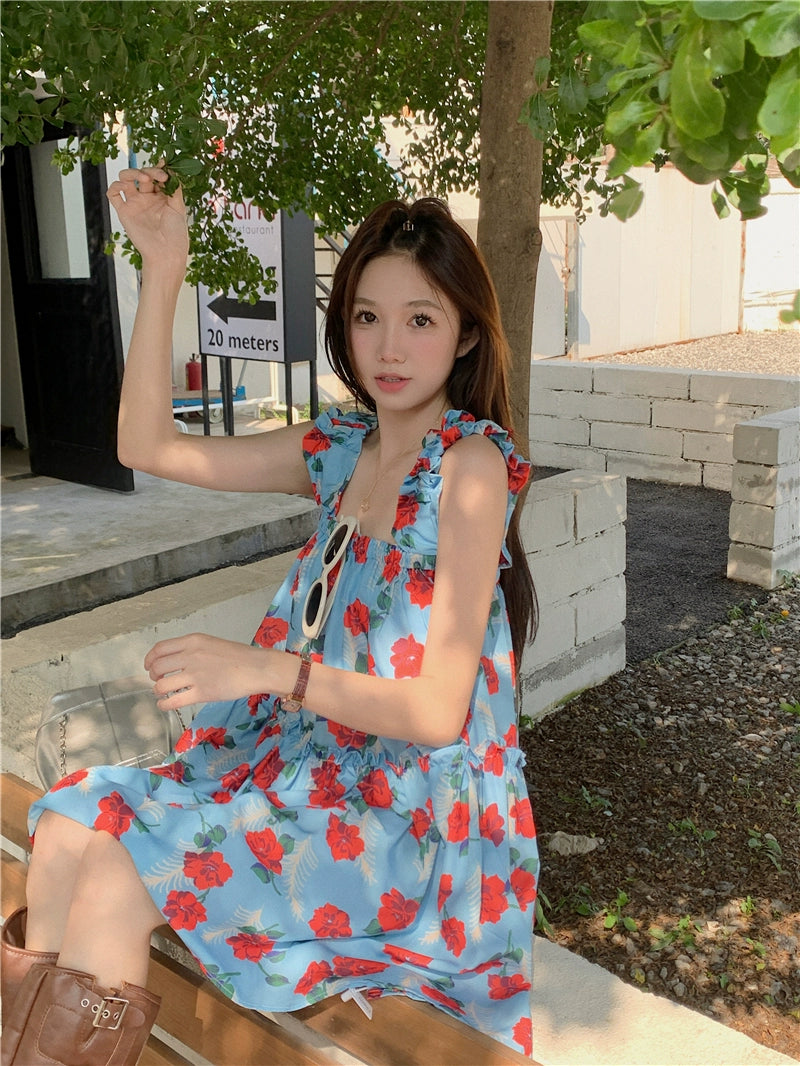 Vacation Style Wooden Ear Floral Dress Women's Spring 2024 New Arrival A- line Loose Square Collar Western Style Suspender Skirt