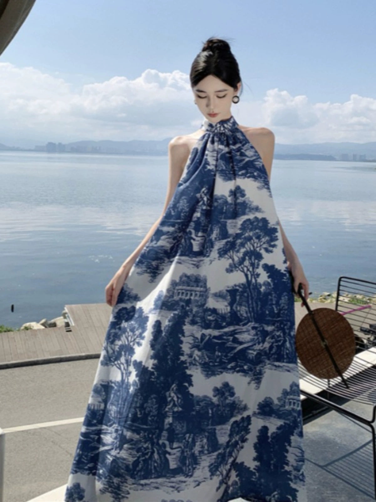 Sanya Loose plus Size Blue and White Porcelain Ink Painting Dress