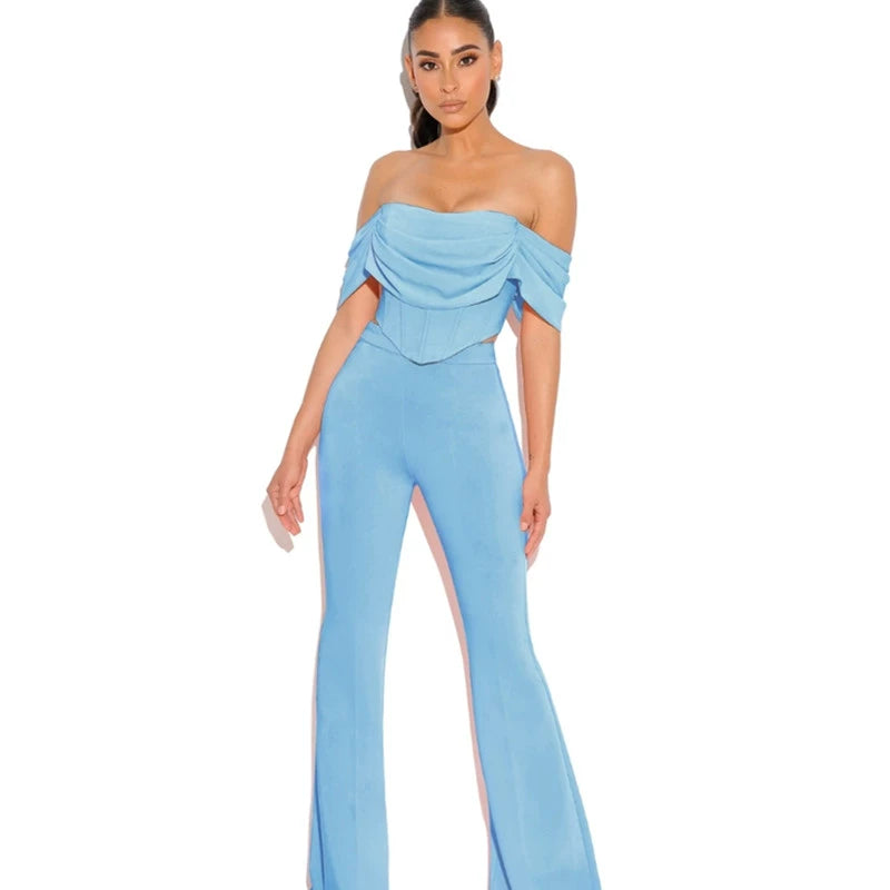 Sky Blue Slim Fit Matching Party Party Casual Tube Top