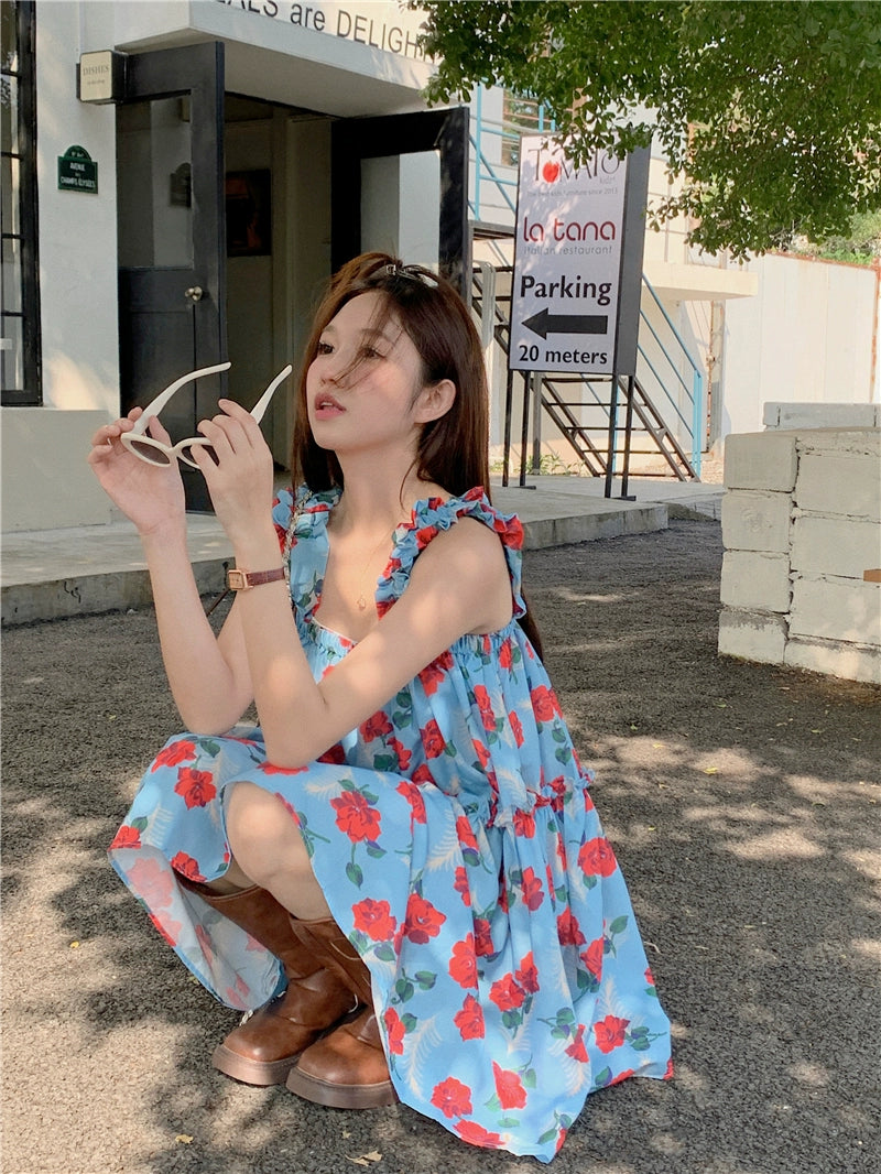 Vacation Style Wooden Ear Floral Dress Women's Spring 2024 New Arrival A- line Loose Square Collar Western Style Suspender Skirt