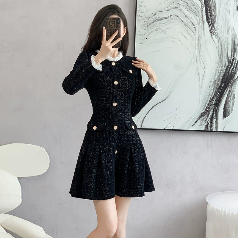 Autumn and Winter Black Gold Chanel Style Long Sleeve Dress