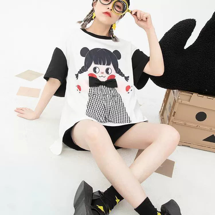 Plus Size 150.00kg Plus Size Ladies Preppy Style Retro Loose and Cute Three-Dimensional Cartoon Style White Short Sleeve Student T-shirt Female