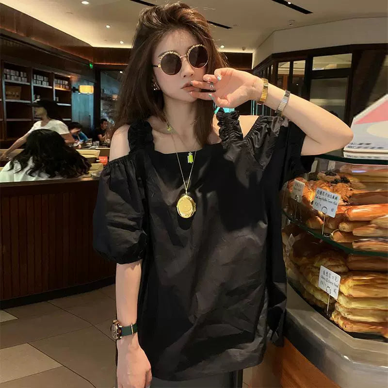 Extra Large Size 150.00kg Plus Size Ladies Stylish Chic off-Shoulder Short Sleeve T-shirt Women's Summer Thin Niche Unique Top Fashion