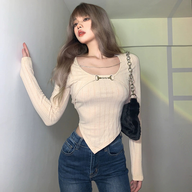 Distressed Top Chain Stitching Long Sleeve T-shirt Fake Two-Piece