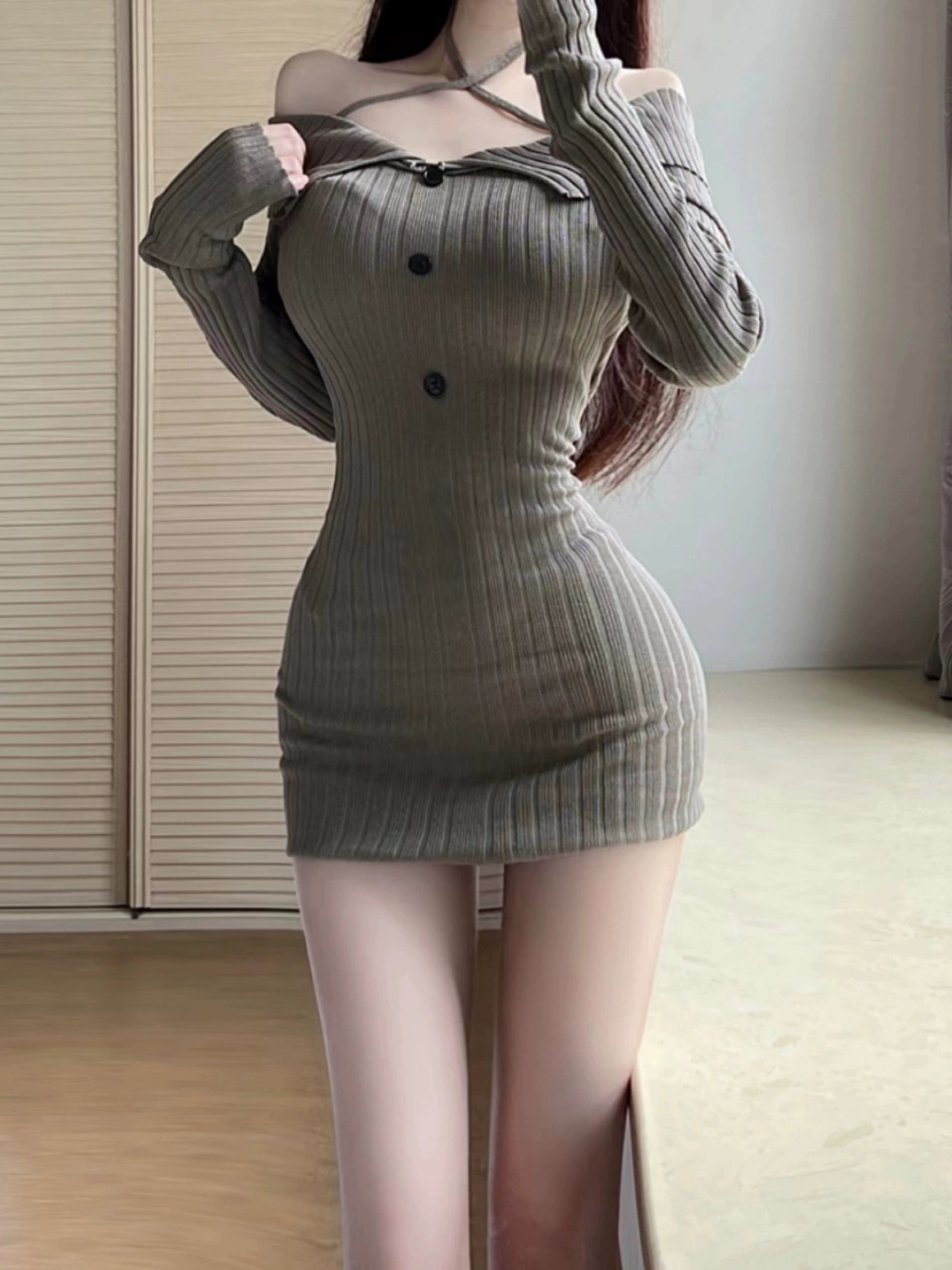 Sexy Dress Women Autumn New Long Sleeve Bodycon Dress Slimming Knitted Tight off Shoulder Fashion Party Little Dress