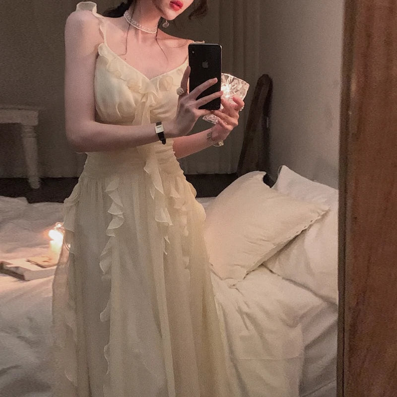 French Style Gentle Fairy Skirt First Date Elegant Fairy Super Mori Seaside Vacation Sling Waist-Tight Dress