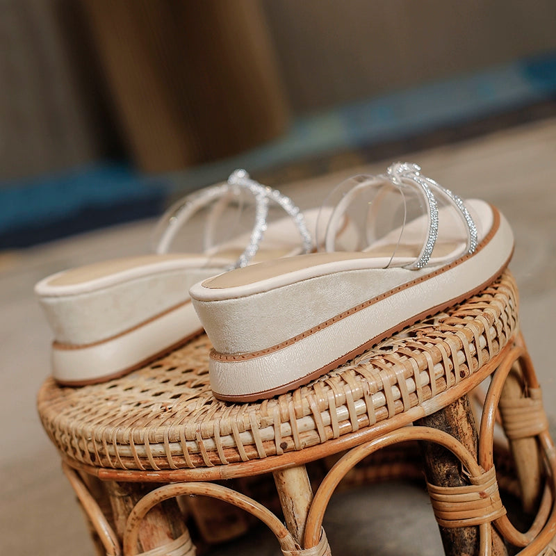 Women's Wedge Sandals Thick Sole Platform Shoes Roman Rhinestones