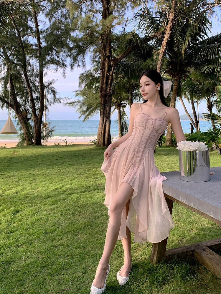 Chiffon Pink Irregular Dress Summer Sling