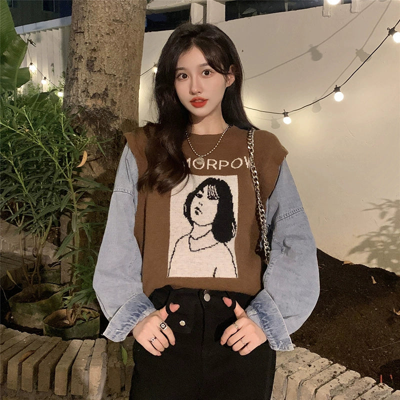 European Station Super Nice Cartoon Denim Hoodie Fake Two-Piece