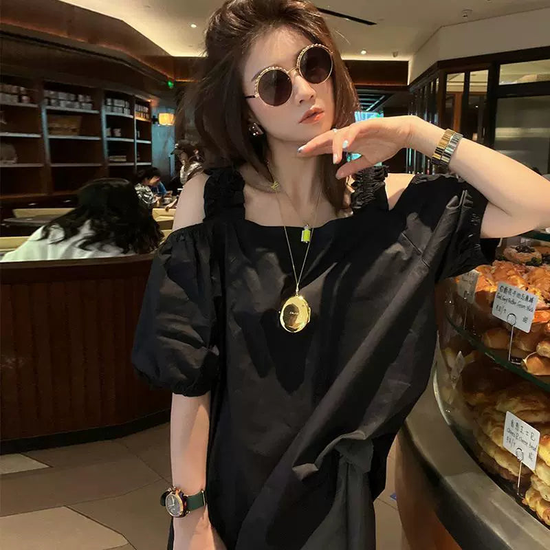 Extra Large Size 150.00kg Plus Size Ladies Stylish Chic off-Shoulder Short Sleeve T-shirt Women's Summer Thin Niche Unique Top Fashion