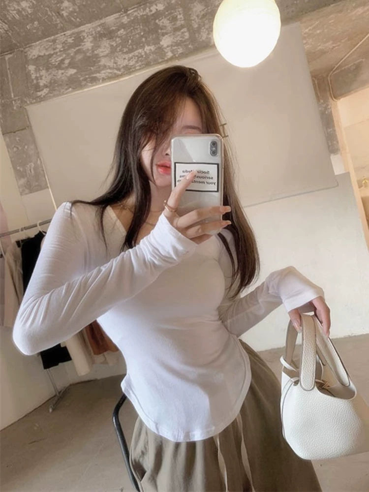 V Neck Spring and Autumn Thin Slim Fit Upper Clothes Long Sleeves T-shirt