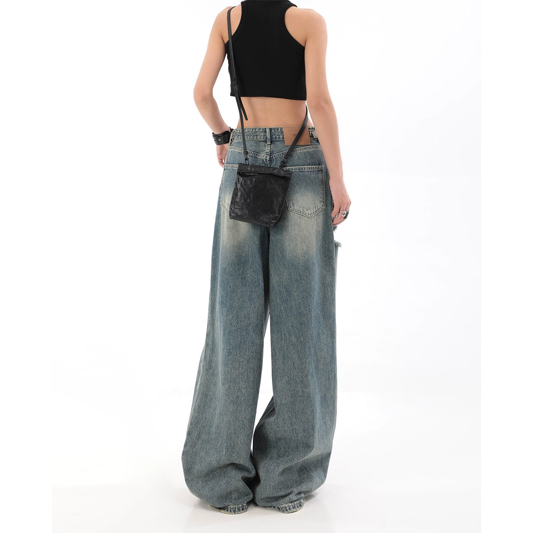 Retro Washed Make Old Ripped Denim Female Summer Fashion Brand Ins High Waist Loose Straight Wide Leg Mop Pants