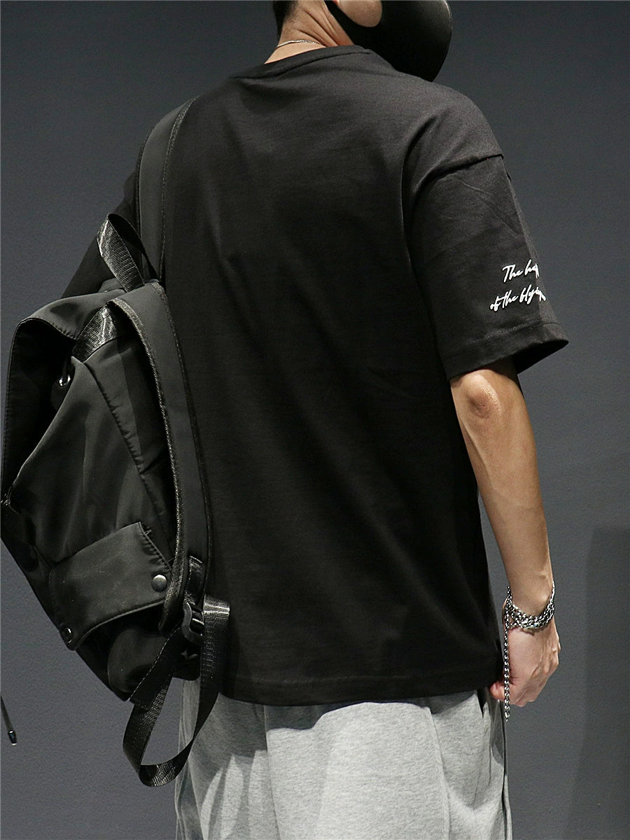 Fashion-Black Short Sleeve Large Size Cotton T-shirt Embroidery