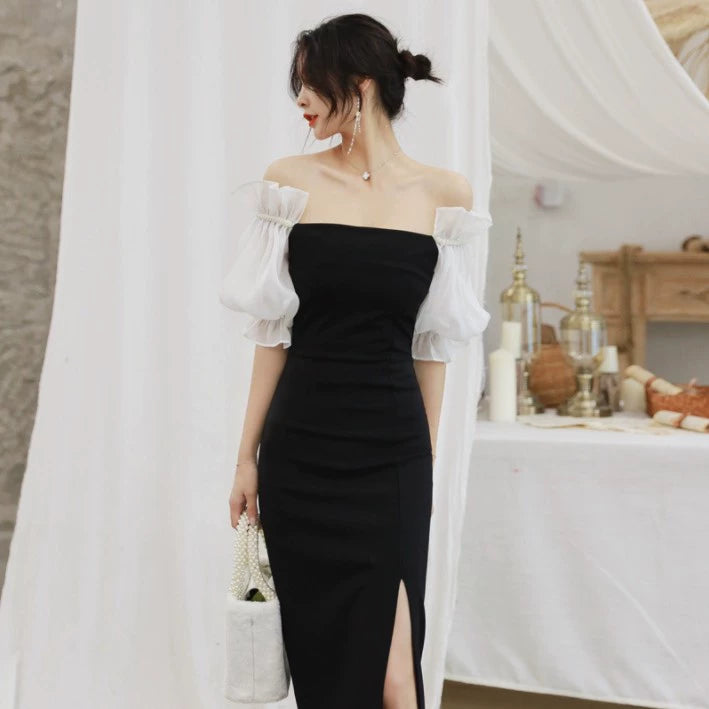 Sexy Goddess-Style Lantern Sleeve off-Shoulder Dinner Formal Dress Spring and Summer Socialite Elegant Sheath Long Dress