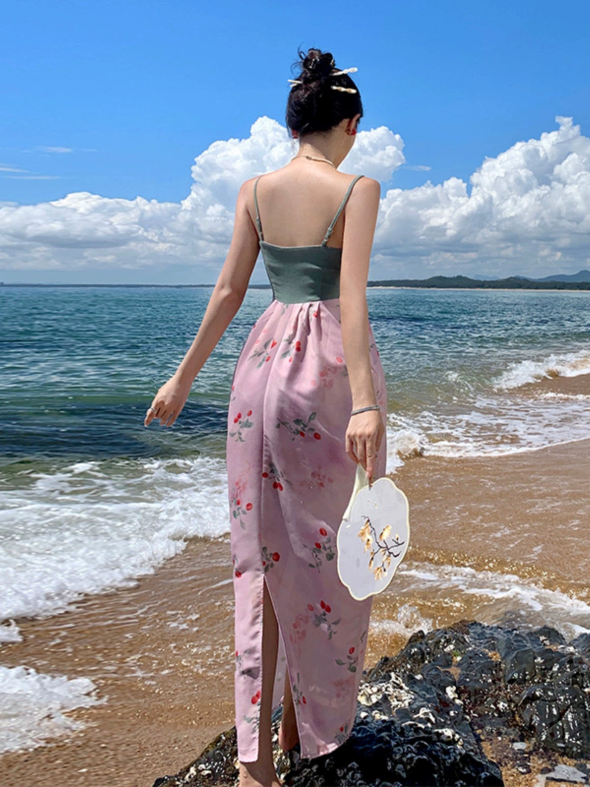 Cute Contrast Color Splicing Sling Dress Waist-Tight Travel