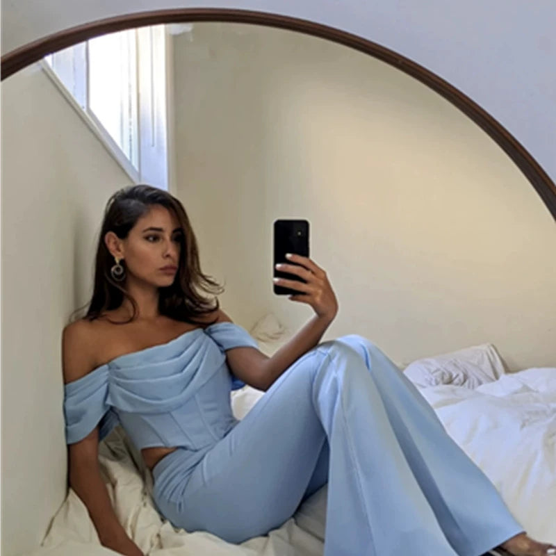 Sky Blue Slim Fit Matching Party Party Casual Tube Top