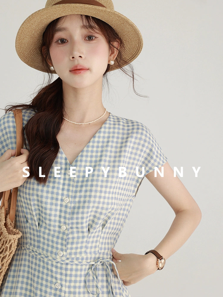 Sleepy Bunny Gingham Japanese-Style Retro Blue Dress