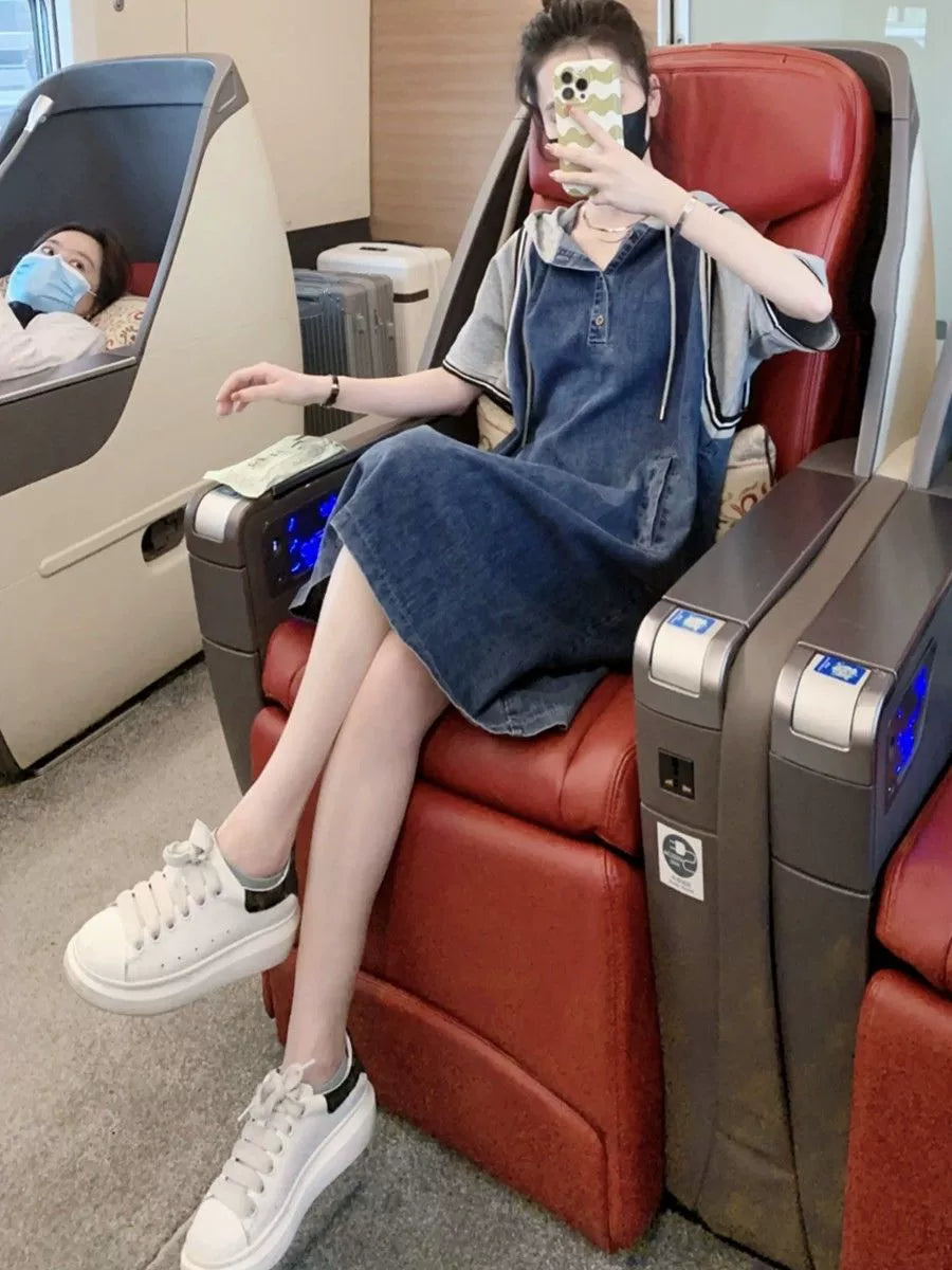 Loose plus Size 150.00kg Stylish Casual Hooded Fake Two Pieces Denim Dress Plus Size Ladies Younger Pullover Skirt 240