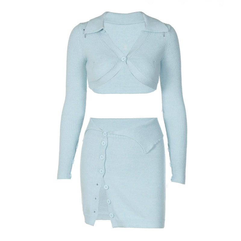 O-neck Baby Blue White Sexy Suit Long Sleeve Top