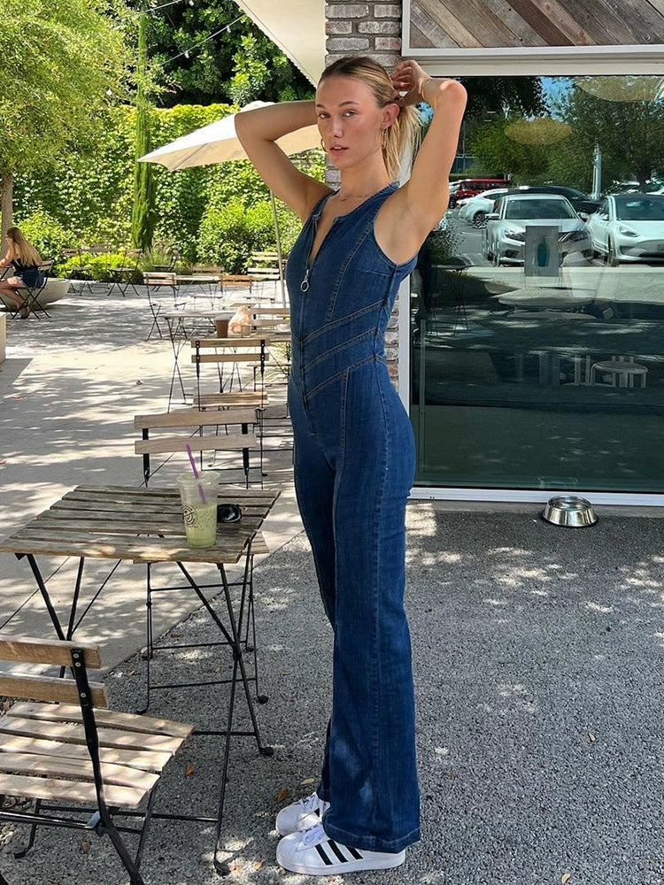 Shemoda Fashion Style Zipper Half-Open Collar Blue Parka Denim Jumpsuit Women's Sexy Backless Skinny Trousers