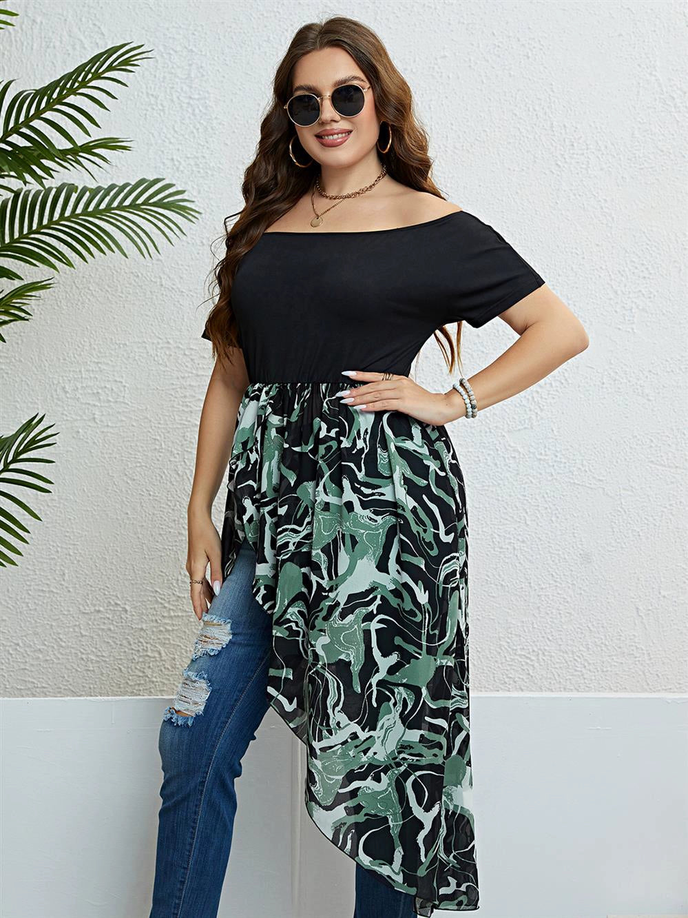 Women Summer plus Size Dress Summer plus Size off Shoulder Irregular Cinched Dress