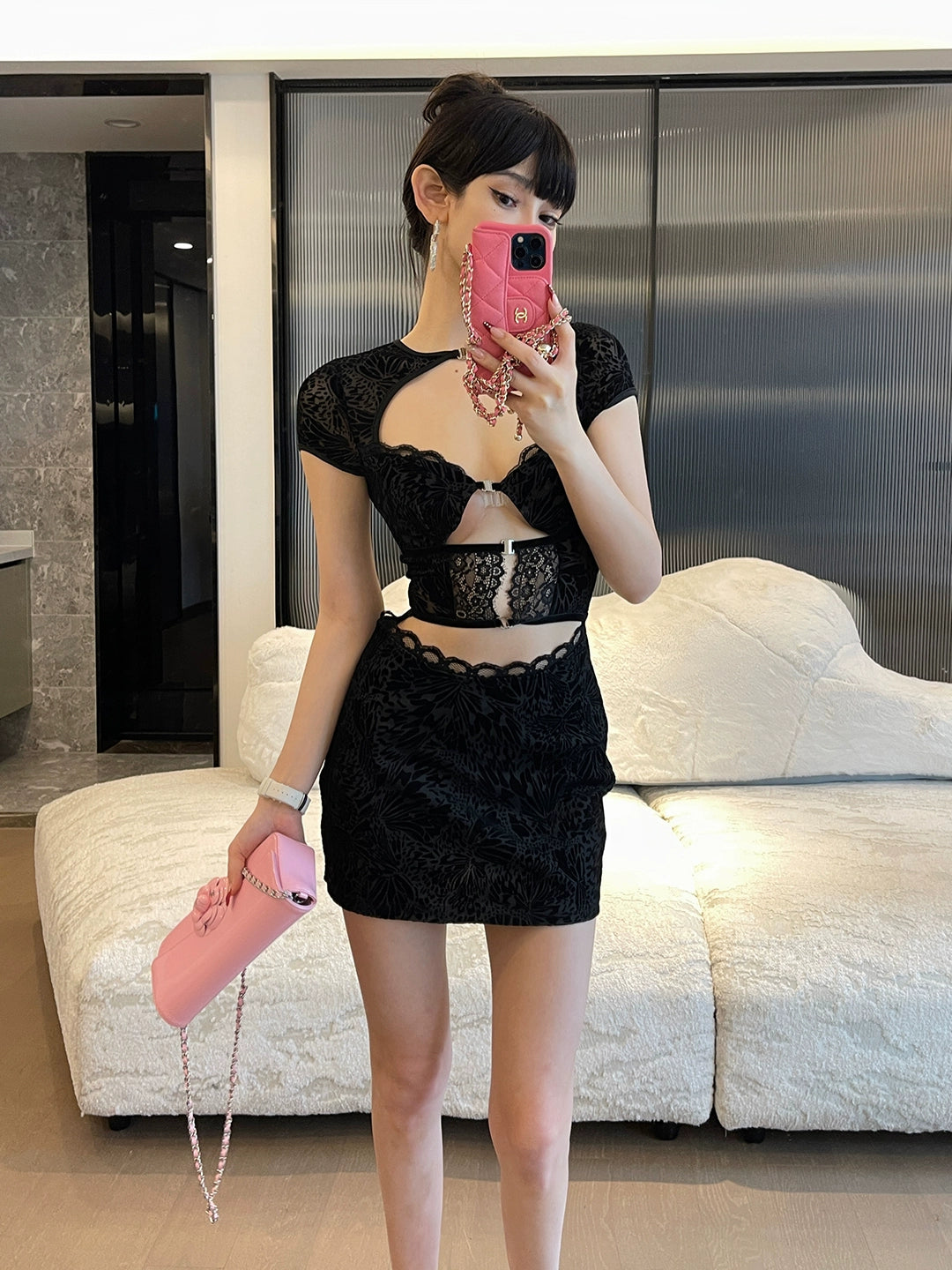 Chiclynana American Sexy Dress Women's Flocking Lace Skirt Sexy Cutout Pure Desire Style Bodycon Dress