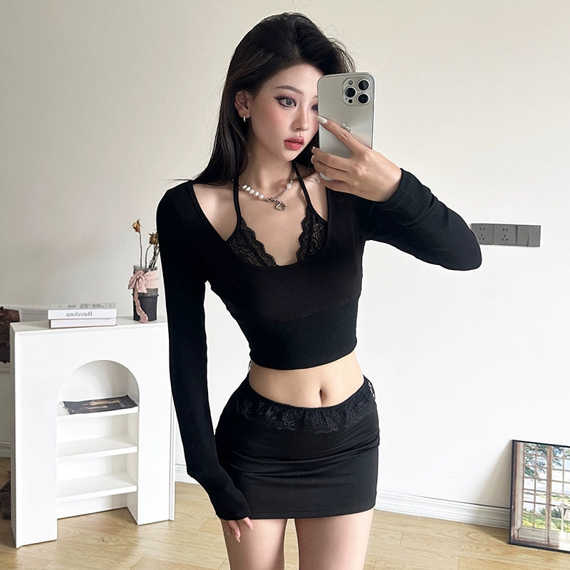 Pure Desire Sexy Lace Patchwork Slim Fit Midriff-Baring Fake Two-Piece