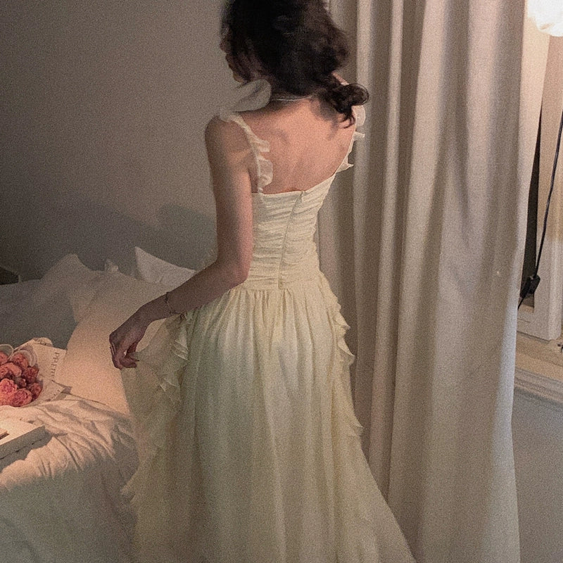 French Style Gentle Fairy Skirt First Date Elegant Fairy Super Mori Seaside Vacation Sling Waist-Tight Dress