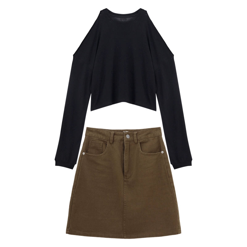 off-Shoulder and Black Loose round Neck Upper Clothes Long Sleeves T-shirt