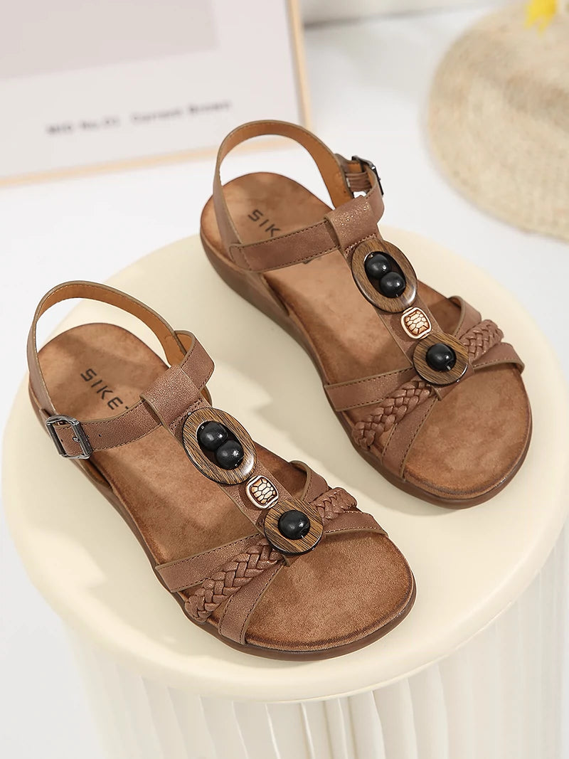 Retro Beaded Sandals Women's Summer 2024 New Bohemian Ethnic Style Woven Holiday Flats Roman Women's Shoes