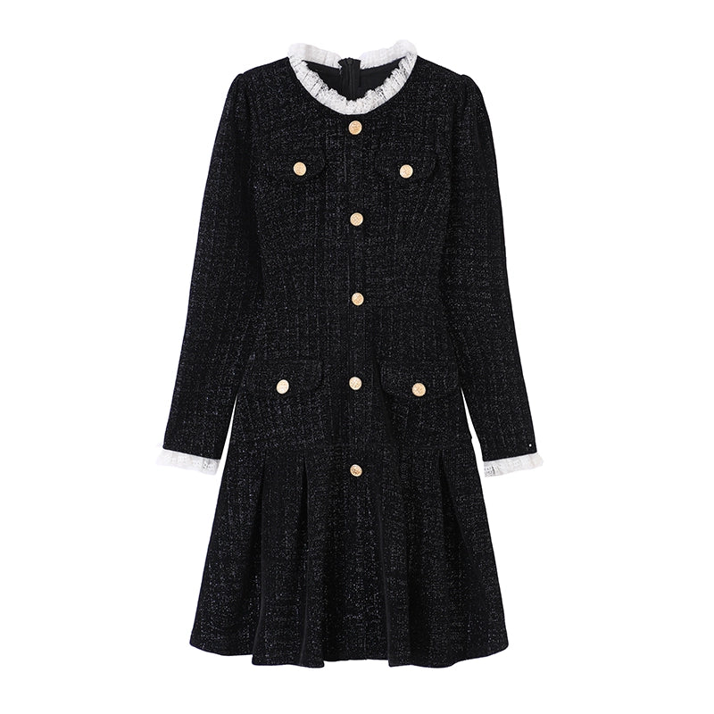 Autumn and Winter Black Gold Chanel Style Long Sleeve Dress