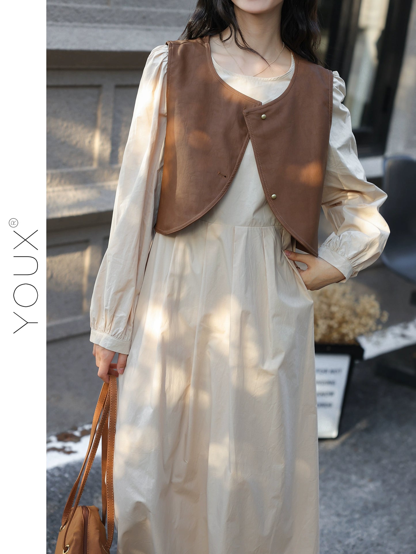 Youx [Border Collie Young Adult] Long Sleeves Dress Women's Autumn Retro Vest round Neck A- line Dress Two-piece Set
