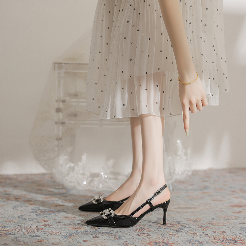 French Style Black Career Stilettos Autumn Rhinestone