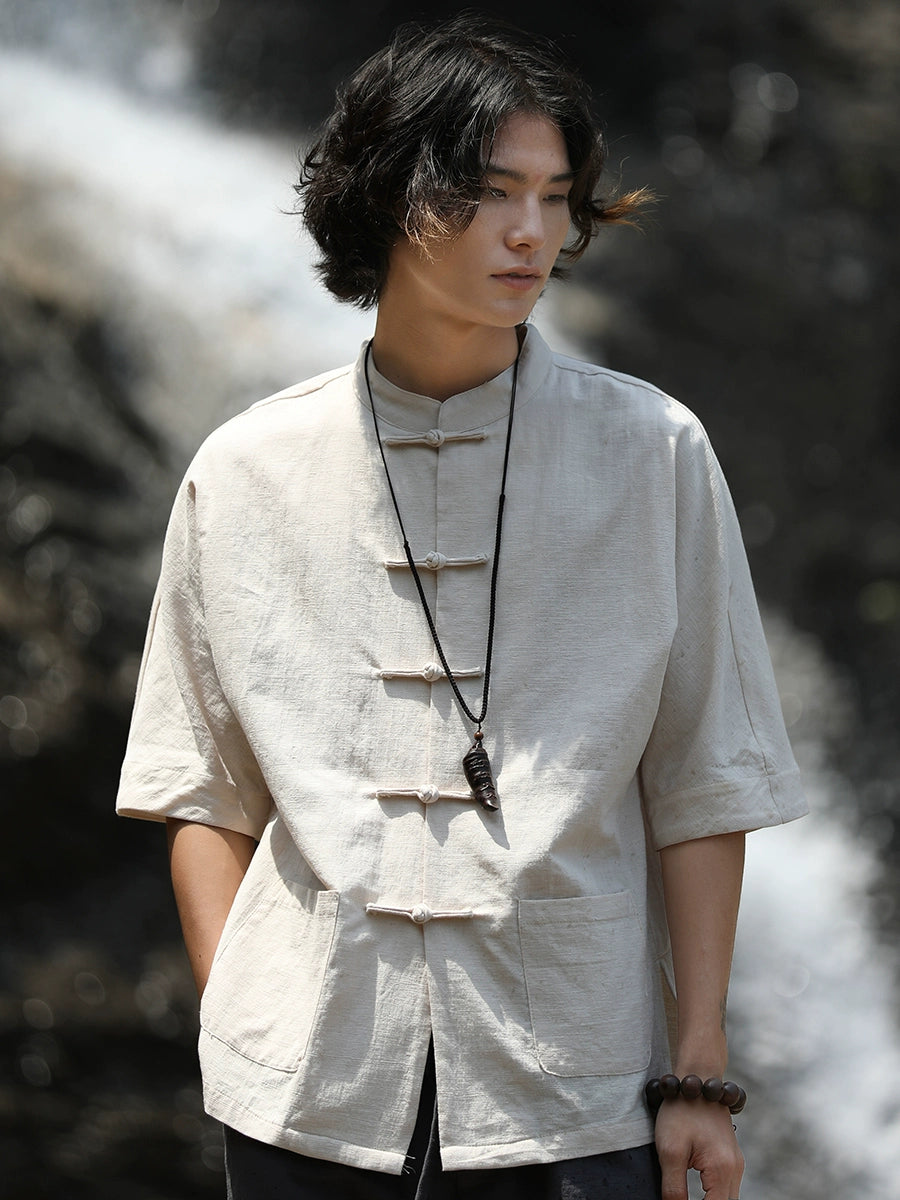 Duolou Youth Short Sleeve Cotton and Linen Chinese Stand Collar Tang Suit