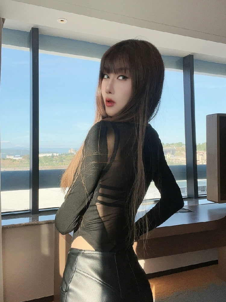 INS Stylish Stitching Long Sleeve T-shirt Top Mesh