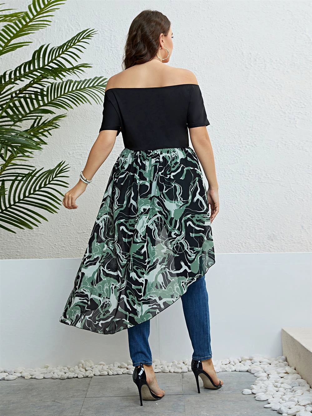 Women Summer plus Size Dress Summer plus Size off Shoulder Irregular Cinched Dress