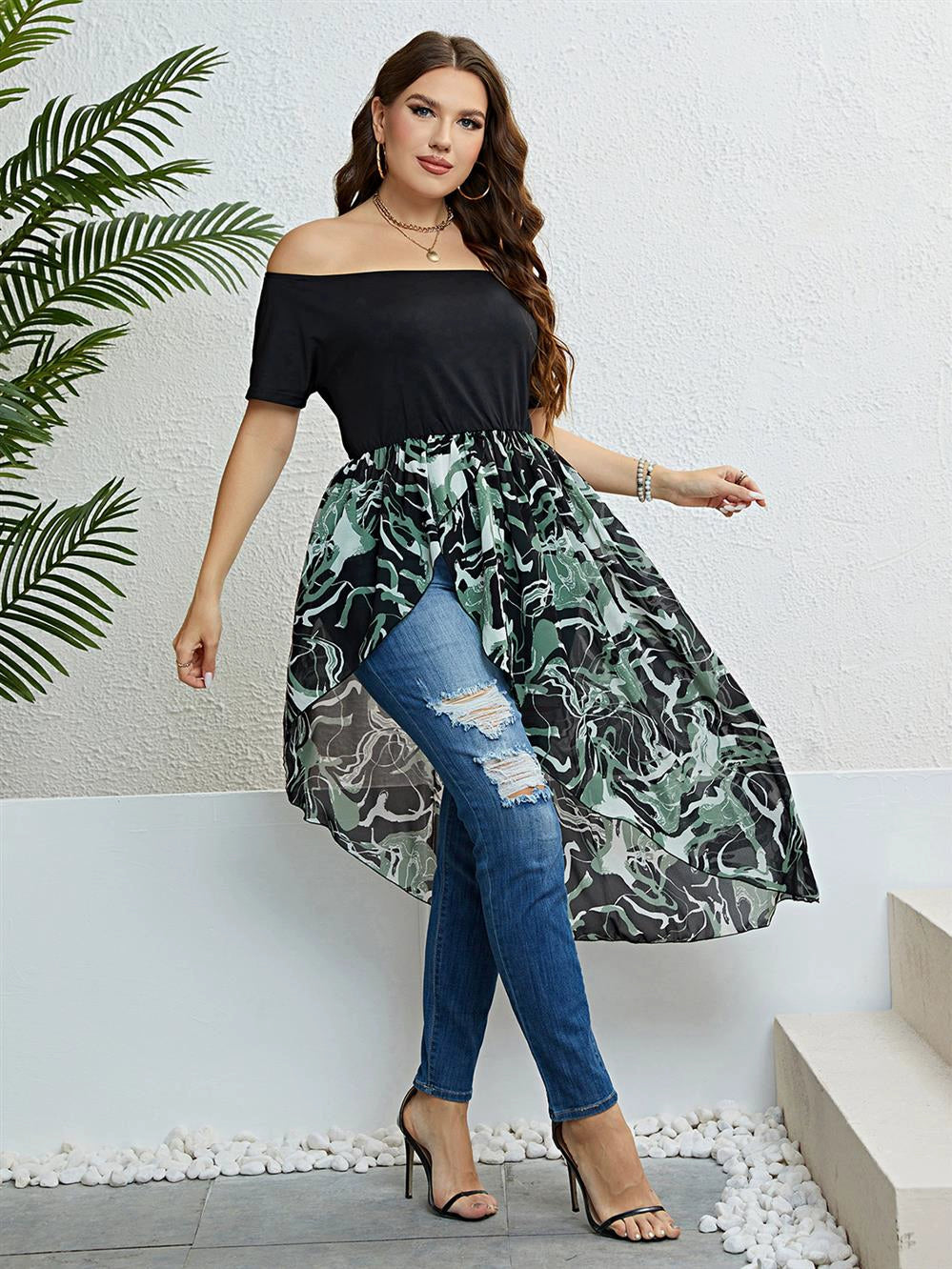 Women Summer plus Size Dress Summer plus Size off Shoulder Irregular Cinched Dress