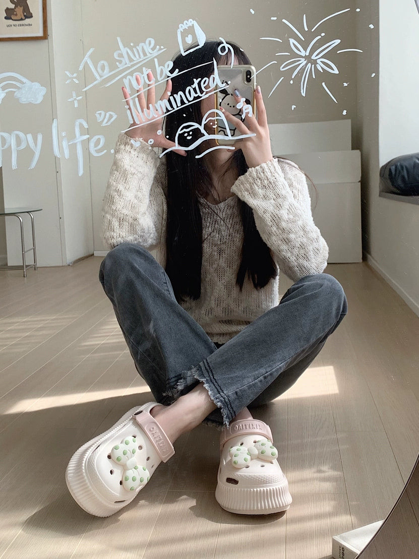 Thin Strips Student Outer Wear Fairy Style Bowknot Two-Way Beach Shoes Women's Non-Slip Muffin Platform Coros Shoes Summer