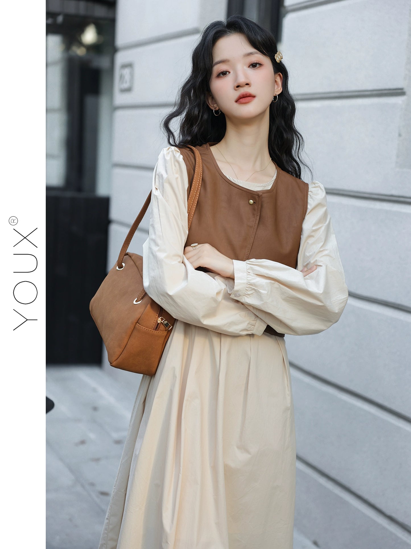 Youx [Border Collie Young Adult] Long Sleeves Dress Women's Autumn Retro Vest round Neck A- line Dress Two-piece Set