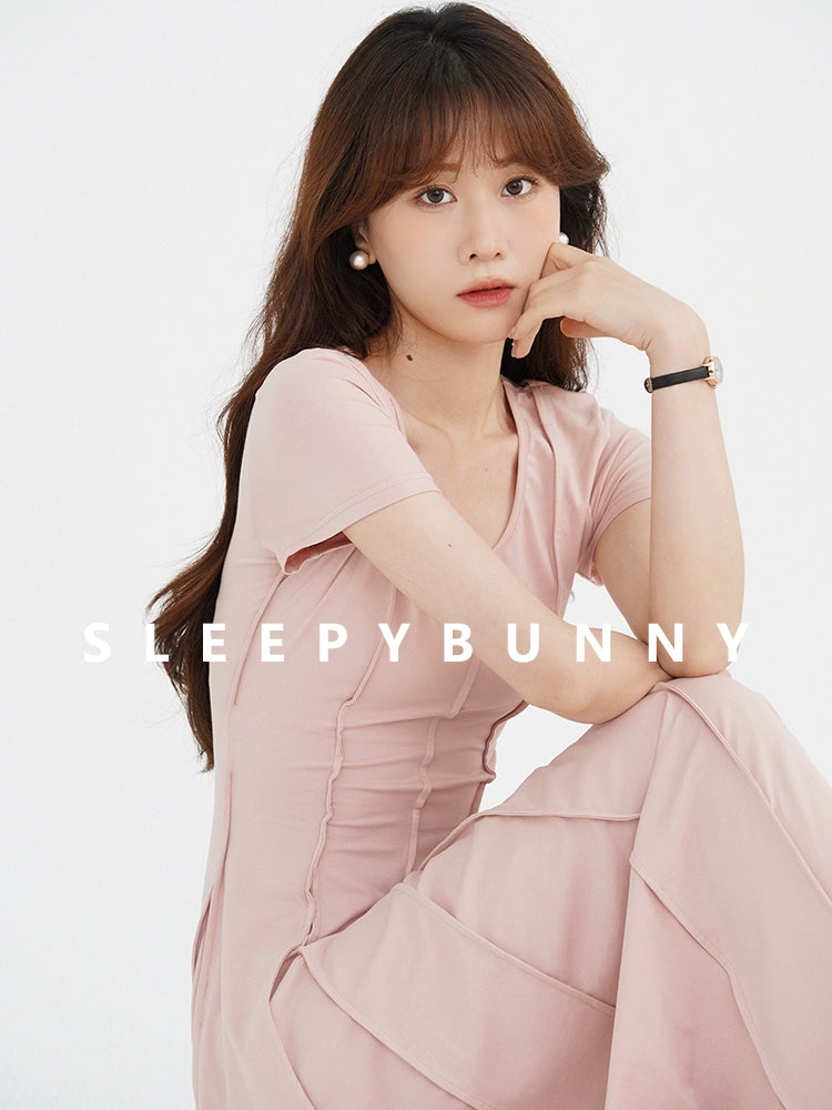 Sleepy Bunny 16 Pieces Patchwork Three-Dimensional Pink Slim-Fit Long Dress