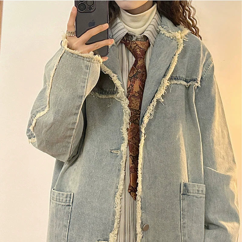 American Fashion Brand Frayed Hem Denim Jacket Women's Spring and Autumn Retro Distressed Loose Slim Looking Lapel Parka Jacket Top