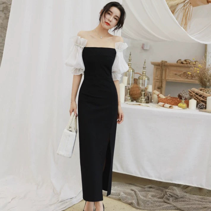 Sexy Goddess-Style Lantern Sleeve off-Shoulder Dinner Formal Dress Spring and Summer Socialite Elegant Sheath Long Dress