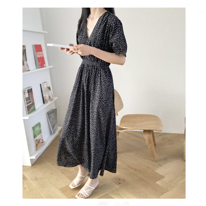European Station New Summer plus Size Women's Clothes Polka Dot V Neck Short Sleeve Waist Dress Slim Polka Dot Large Swing Dress