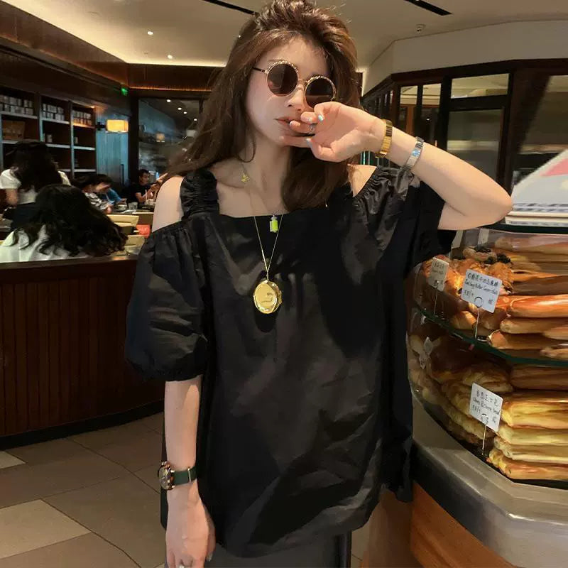 Extra Large Size 150.00kg Plus Size Ladies Stylish Chic off-Shoulder Short Sleeve T-shirt Women's Summer Thin Niche Unique Top Fashion
