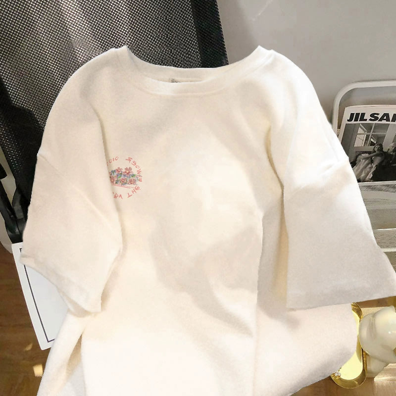 Pure Cotton Loose and Simple Print Top T-shirt with Short Sleeves