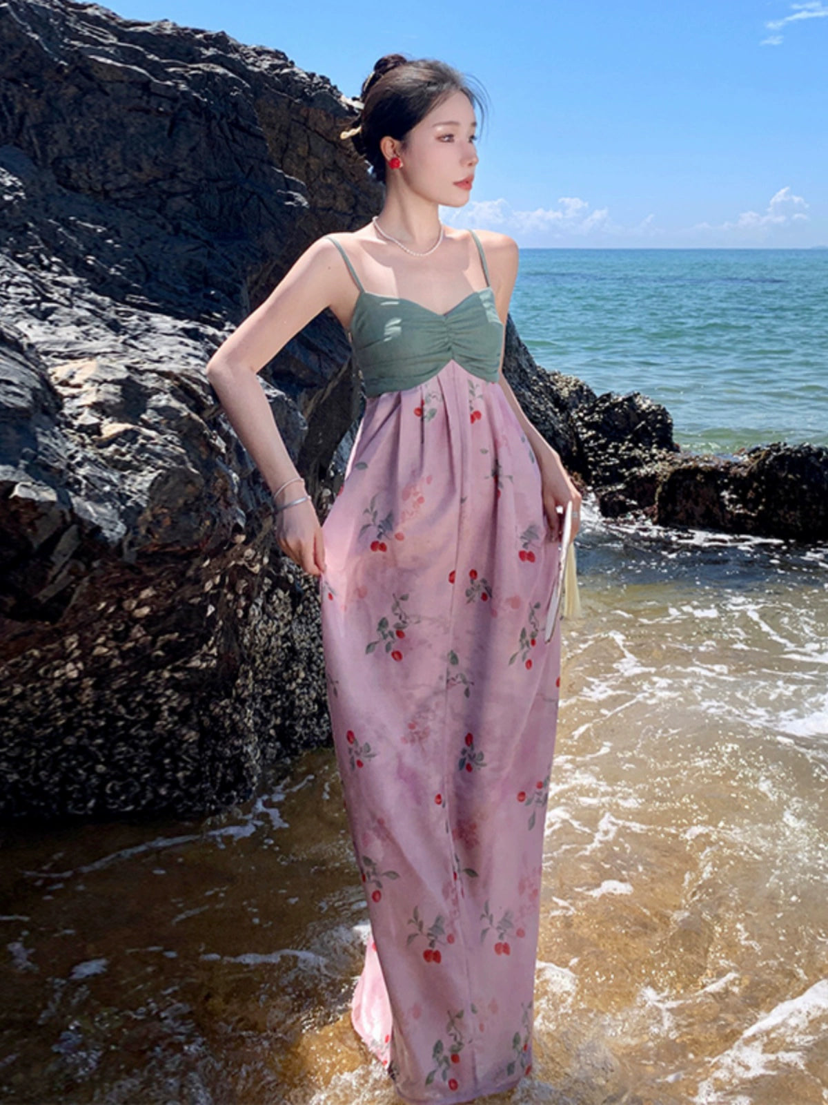 Cute Contrast Color Splicing Sling Dress Waist-Tight Travel