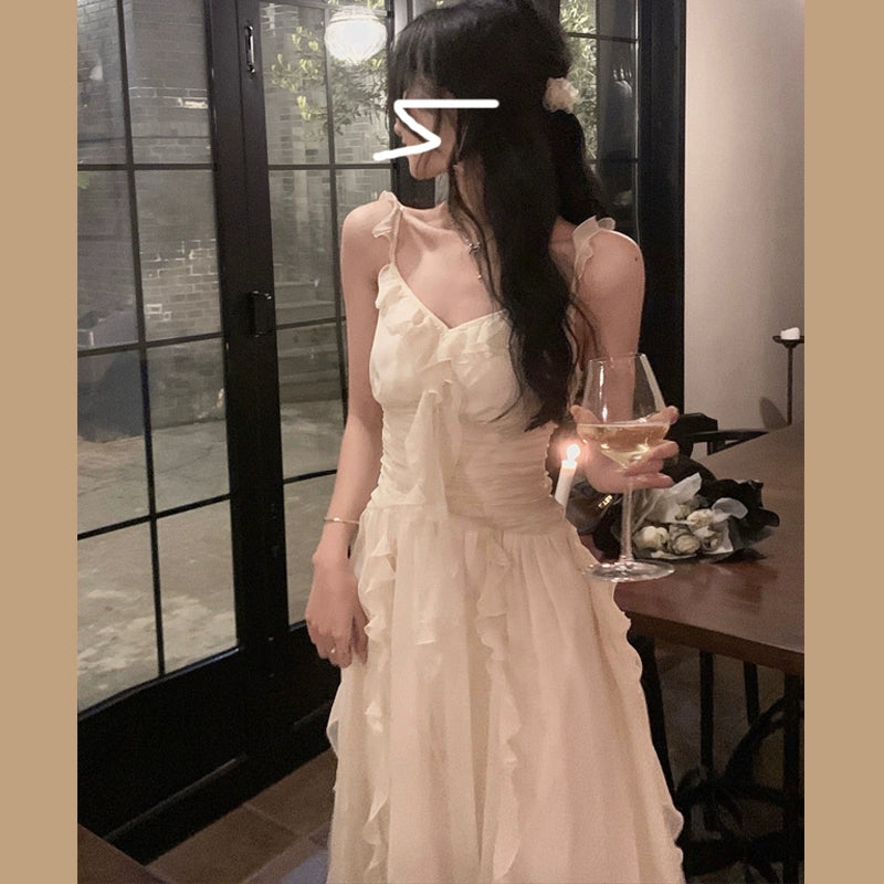 French Style Gentle Fairy Skirt First Date Elegant Fairy Super Mori Seaside Vacation Sling Waist-Tight Dress