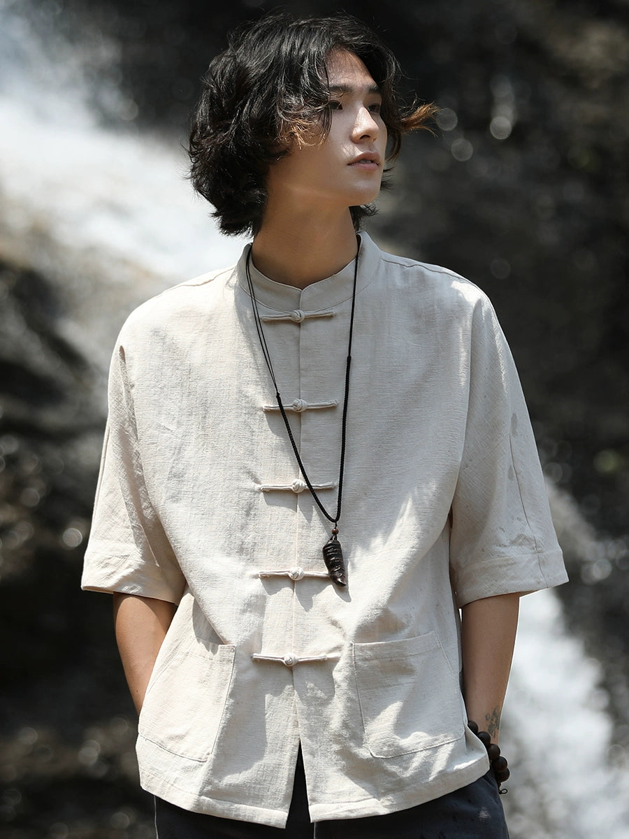 Duolou Youth Short Sleeve Cotton and Linen Chinese Stand Collar Tang Suit