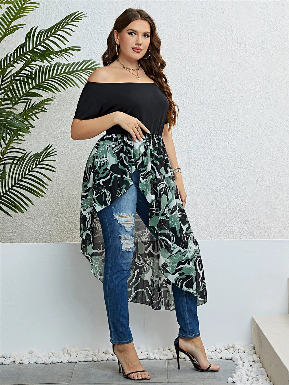 Women Summer plus Size Dress Summer plus Size off Shoulder Irregular Cinched Dress