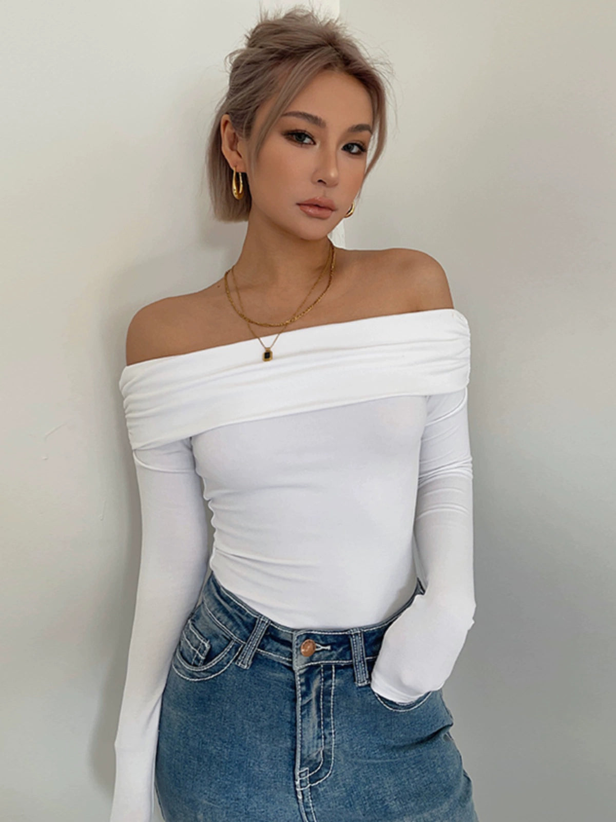 Homemade Sexy off-the-Shoulder Collarbone off-Neck Top Long sleeves Shirt Women Spring Tight Sweet Gyaru High Waist Bottoming Shirt